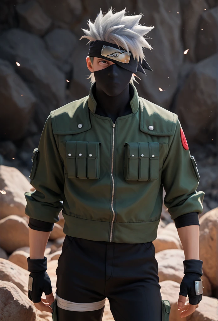 1boy, solo, kakashi, cowboy shot, black forehead protector covering his left eye, black ninja mask, grey hair, black eyes, green flak jacket, black shirt with red swirls, black pants, black armored fingerless gloves, black mask, rocks background