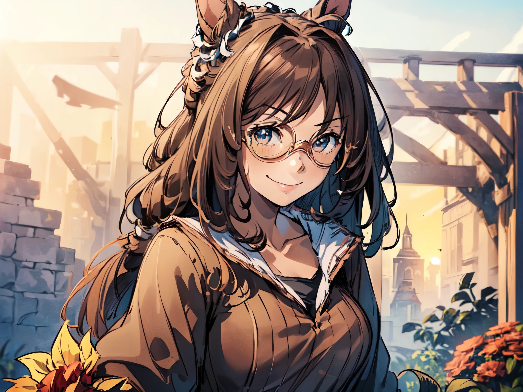 (Solo:2), (1 female:2), (Short fingers, short arms, short legs), (Horse ears), (Glasses mask), (Emphasis on chest), (Arms crossed), (Smiling, looking at camera), (Castle), (Red flower garden), (Sunset), (Focus on chest), (Carefully drawn, amazing artwork, best quality, high resolution, 8k, detailed, delicate),