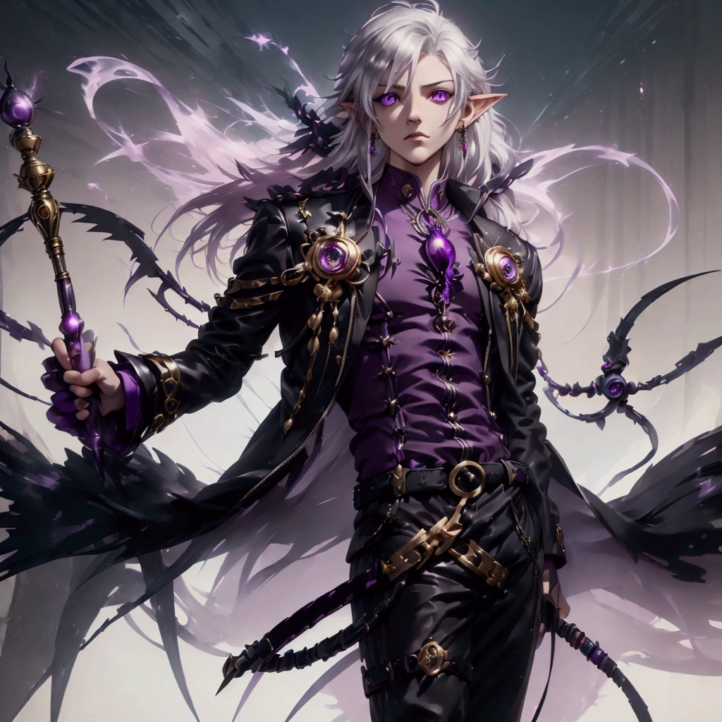 animated, male,  Male character,  slender fantasy alchemist ,  beautiful androgynous prince, detailed animated character art, sakimichan frank franzzeta,  dark fantasy character design, epic and exquisite character art, evil male sorcerer,  delicate androgynous prince , / he has BRIGHT VIOLET EYES /  and long white hair ,  his beautiful pointed ears with rebellious earrings in gold , He is Klery ,  THE SORCERER OF THE AMETHYST ROSE ,  he wears his outfit as Vocalist of the band ELEMENTALES ,  may seem serious in the camera and somewhat indifferent in his expression But his personality is very different when he leaves the stage ,  he wears an exquisite formal style shirt / casual with long sleeves with decile line textures since it is made of purple silk that shines in the light ,  is It has two straps attached to their tailoring wool pants, which made them very light, apart from the sewing technique that led them to be adjusted without disturbing. ,  But the cornerstone of the outfit in general is the long Black Leather Trench Coat with unique designs created as prints with elegant purple rose embroideries and silver designs on the edges, not forgetting the collar with wide lapels that give an elegant and bold appearance, , the silver and gold brooches and accessories encrusted with diamonds provide a sophisticated image and the outlines of Rockers gloves and belts send Rebeldía's demands with emotions pure of a soul free as the wind ,  holds his charming Magic Staff, which has a purple gem on the top that provides him with the unique spell of voice channeling to represent the group with their verses , fascinating, /In the background you can see only the Night Sky brimming with astrological beauty .