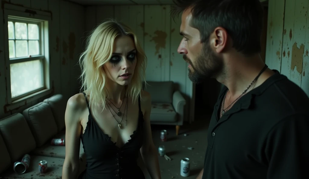 Portrait, realistic, photography of a frail, drug-addicted young blonde woman, resembling Emma Stone, with a large interpupillary distance. She has smokey eyes and wears gothic-style white trash clothing. She is inside a dimly lit, run-down white trash trailer with peeling wallpaper, a cracked window patched with duct tape, and a sagging couch with torn upholstery in the background. Empty beer cans, overflowing ashtrays, and fast food wrappers are scattered across the cluttered floor. She looks at her father, a rugged man in his 40s with unkempt hair, a weathered face, and a stained shirt, shouting at her with his hand raised aggressively as if to slap her. The oppressive atmosphere highlights the bleakness of her surroundings and the tension of the confrontation