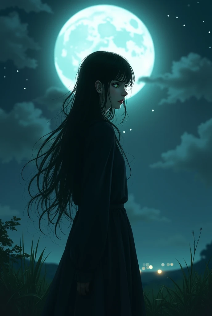 (Masterpiece) 8K resolution, Mr. Light Source, Beautiful young man looking up at the moon, God Lord, Black straight long hair, Hazel eyes, Black eyes, Sad face, Japanese clothes, Mizudry, Fantasy style,