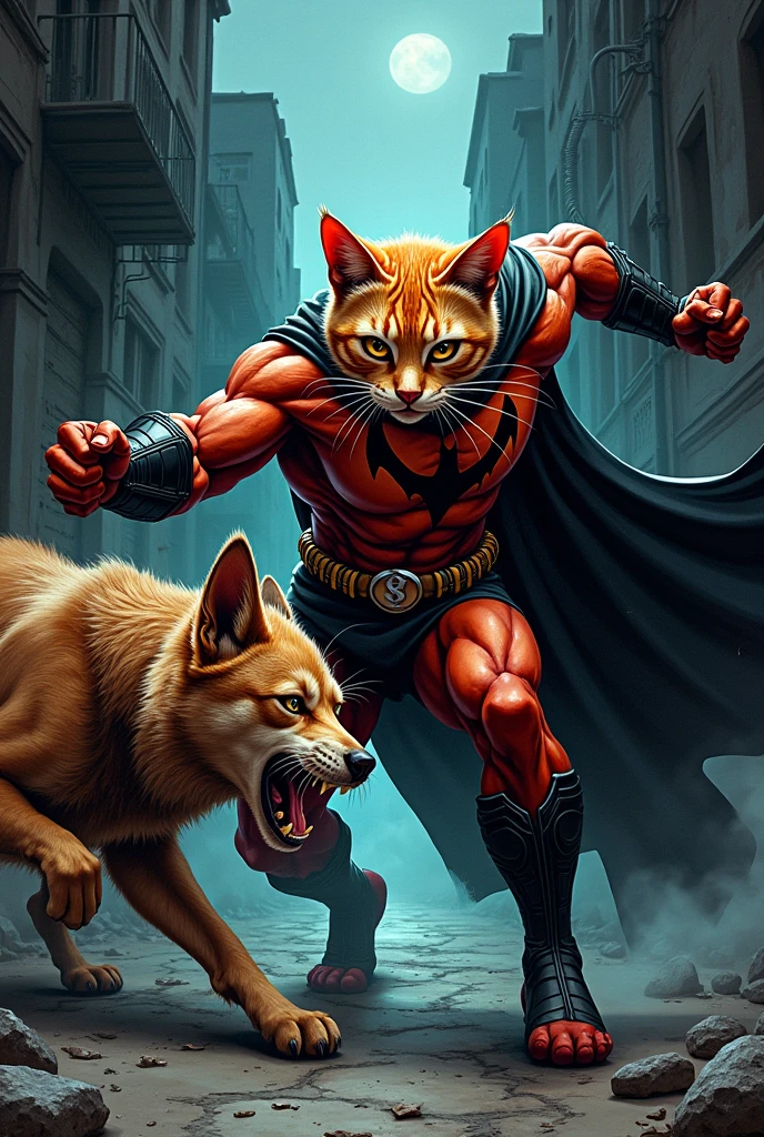 Puss is a orange cat he's wearing a black cavalier hat with a yellow feather, a black leather belt with a sword, a small black cape, and small black Corinthian boots anthro cat, male, adult, orange fur, buffed body, sexy, beefy body, furred body, beautiful, furry chest hair, realistic, full body, photorealistic, ultra realistic, 8k, night, bare-chested,