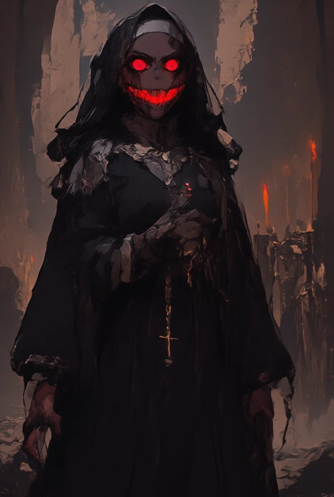 A sinister, demonic nun stands in the shadows of a crumbling, gothic cathedral. Her hollow, glowing red eyes pierce the darkness, and her twisted smile reveals sharp, fang-like teeth. She wears a tattered, black-and-gray habit that drips with unholy ichor, blending traditional religious attire with a macabre, otherworldly aesthetic. Her pale, cracked skin is etched with glowing runes of ancient curses. Wisps of dark smoke rise from her clawed hands, which clutch a corrupted rosary with inverted crosses. The air around her crackles with malevolent energy, and the faint sound of whispers and distant screams fills the eerie silence. The setting is illuminated by dim, flickering candlelight, casting long, menacing shadows that seem to move with a life of their own