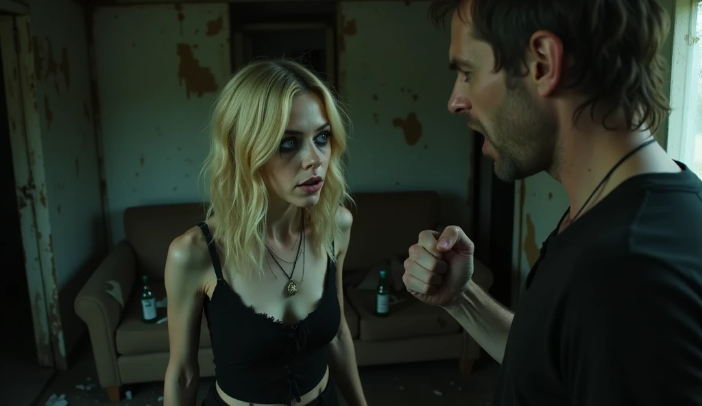 Portrait, realistic, photography of a frail, drug-addicted young blonde woman, resembling Emma Stone, with a large interpupillary distance. She has smokey eyes and wears gothic-style white trash clothing. She is inside a dimly lit, run-down white trash trailer with peeling wallpaper, a cracked window patched with duct tape, and a sagging couch with torn upholstery in the background. Empty beer cans, overflowing ashtrays, and fast food wrappers are scattered across the cluttered floor. She looks at her father, a rugged man in his 50s with unkempt hair, a weathered face, and a stained shirt, shouting at her with his hand raised aggressively as if to slap her. The oppressive atmosphere highlights the bleakness of her surroundings and the tension of the confrontation