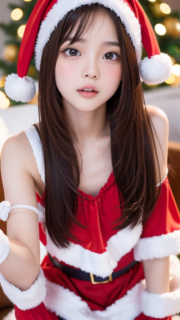 ((NSFW)),((Tabletop, highest quality, High resolution, Hmph, Perfect Pixel, 4K, Hmph, Hmph))), One Girl, single, alone, Beauty、The whole body is visible、 ((Medium length wavy hair, bangs, Brown Hair)), ((Brown eyes, Beautiful eyelashes, Realistic eyes)), ((Detailed face, Blushing:1.2)), ((Smooth texture:0.75, Realistic texture:0.65, Realistic:1.1, Anime CG Style)), Medium chest, Dynamic Angle, Perfect body, (Santa Claus Costume、Red knitted hat、Red off-the-shoulder sweater、The navel is visible,Long Flared Skirt、No bra)), Christmas lights、looking up from the bottom of the stairs、Very embarrassing panic smile、Open mouth and look shocked、 looked back、Leaning forward、(The wind blew up her skirt, exposing her buttocks...................................................、Stick your butt out、Touch your buttocks with both hands、White lace panties)、