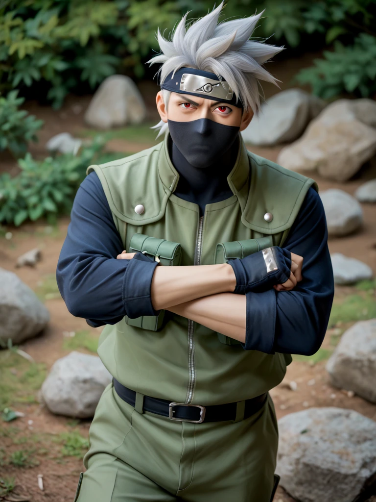 1boy, kakashi, grey hair, covered mouth, mouth mask, red eye, scar across eye, forehead protector, gloves, konohagakure symbol, mature, green vest, pants,
solo, looking at viewer, angry, standing, cowboy shot, rocks background