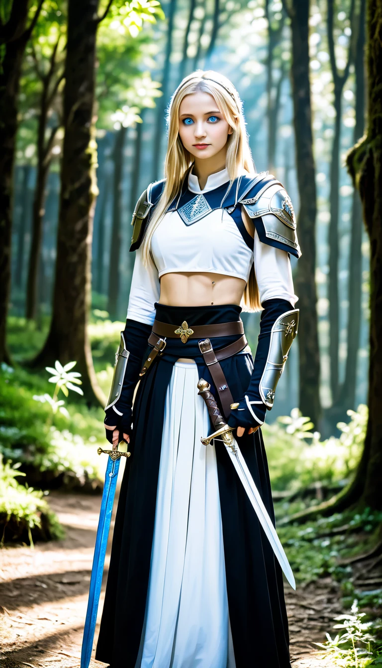 masterpiece,  top quality , ( One girl , Alone), Soulin,  One girl , Alone, Blonde, arms, armor, cross,  blue eyes, with{{more}}d dress, midriff, belly button,  gauntlet with fan, Nuns, habit, sword, 長柄arms,  shield ,  long hair (  outdoor, forest, upper body,  dynamic pose ,  viewers, )