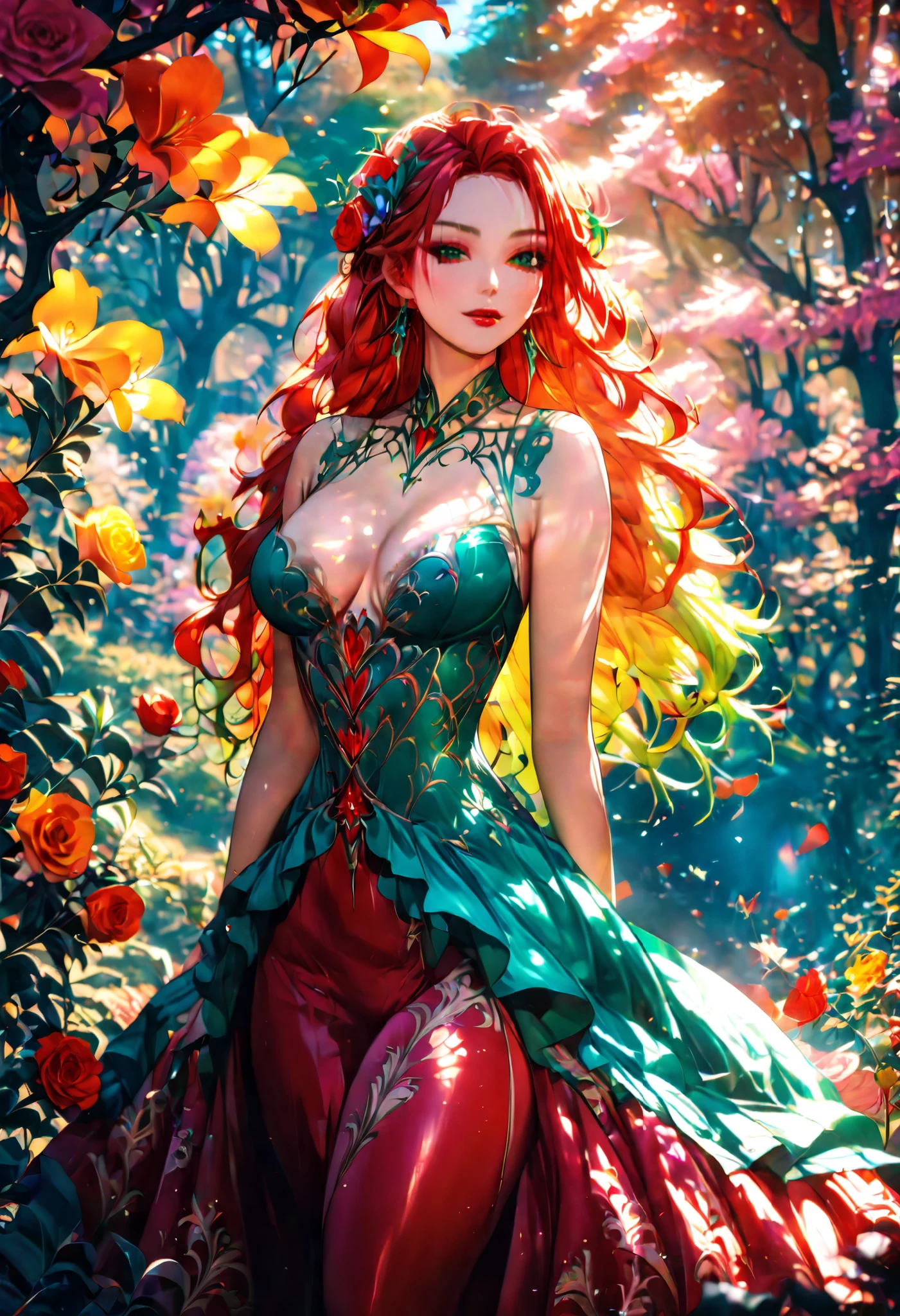 anime,  girl ,  sexy, Charming, curvy shapes, bright flowers,  curvy hair ,  Beautiful dress ,  red-green colors ,  perfect anatomy ,  twisted hair ,  Vampire style ,  background Glitter of the wilderness,  sunny day, warm colors,  beautiful colors ,  complicated details,  maximum quality , ( better quality , 8 k, ultra details,  masterpiece fails), wallpaper, Dream Limit , 