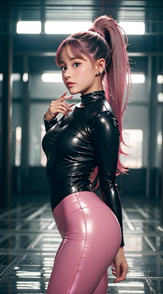 Ariana Grande, ponytail hair, glänzend huge , Bimbo, Rosa Leggings, realistisch, 8k, Vollausschlag, glänzend, sexy, Wet-Look, ((Enormously huge Bimbo )), Riese 
