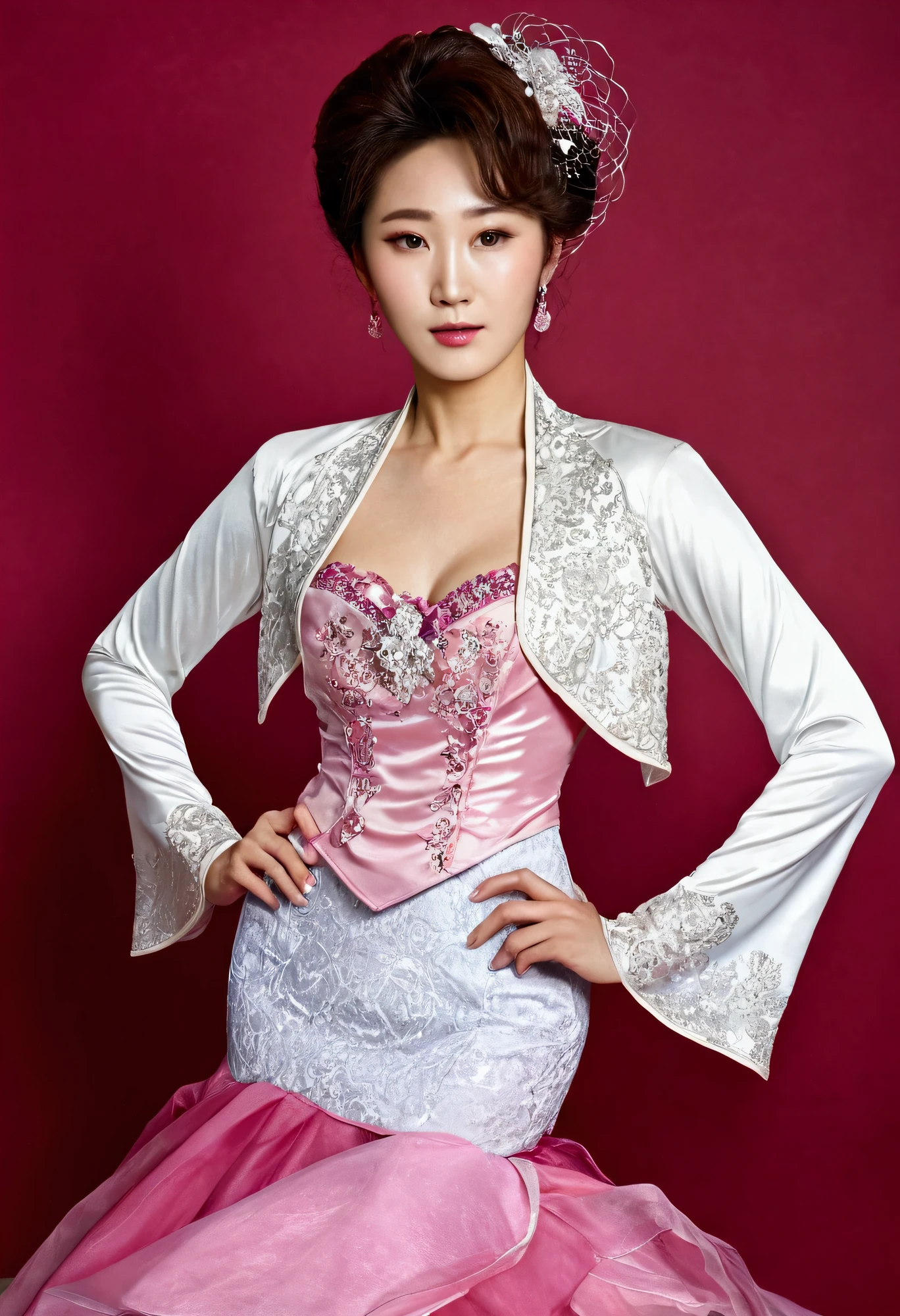 A Korean man had surgery to change his body from male to female, his body is completely female, he has big breasts like a woman, but his face is not changed and still looks like a man, His hair is still manly and short, he is wearing a mother's fancy dress costume, Mother of the Bride Dress Outfit, long sleeve bolero and dress set, bolero and dress coordination, vintage dress set, white and pink, shiny silk, mermaid skirt