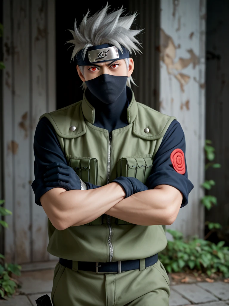 1boy, kakashi, grey hair, covered mouth, mouth mask, red eye, scar across eye, forehead protector, gloves, konohagakure symbol, mature, green vest, pants,
solo, looking at viewer, angry, standing, cowboy shot, rocks background