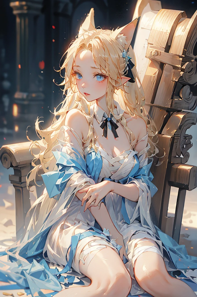 a picture of a young woman in a dress with a giant head, 1girl, solo, blonde hair, pointy ears, long hair, animal ears, looking at viewer, blue eyes, dress, bandages, bare shoulders, lips