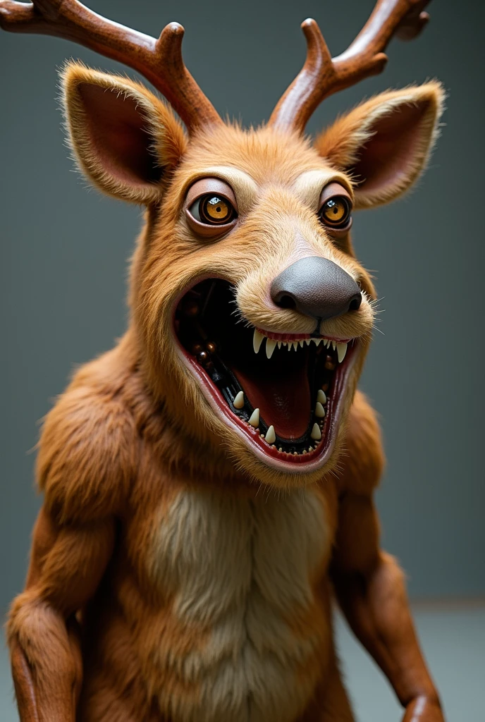 Animatronic of a man brown reindeer with open mouth and round eyes
