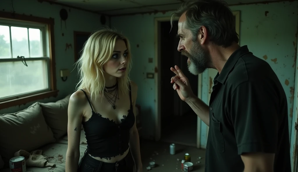 Portrait, realistic, photography of a frail, drug-addicted young blonde woman, resembling Emma Stone, with a large interpupillary distance. She has smokey eyes and wears gothic-style white trash clothing. She is inside a dimly lit, run-down white trash trailer with peeling wallpaper, a cracked window patched with duct tape, and a sagging couch with torn upholstery in the background. Empty beer cans, overflowing ashtrays, and fast food wrappers are scattered across the cluttered floor. She looks at her father, a rugged man in his 50s with unkempt hair, a weathered face, and a stained shirt, shouting at her with his hand raised aggressively as if to slap her. The oppressive atmosphere highlights the bleakness of her surroundings and the tension of the confrontation