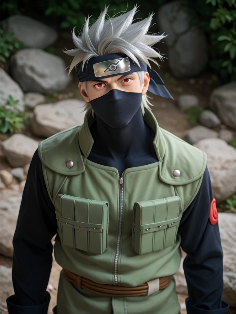 1boy, kakashi, grey hair, covered mouth, mouth mask, red eye, scar across eye, forehead protector, gloves, konohagakure symbol, mature, black long sleeve, green vest, black pants,
solo, looking at viewer, angry, standing, cowboy shot, rocks background