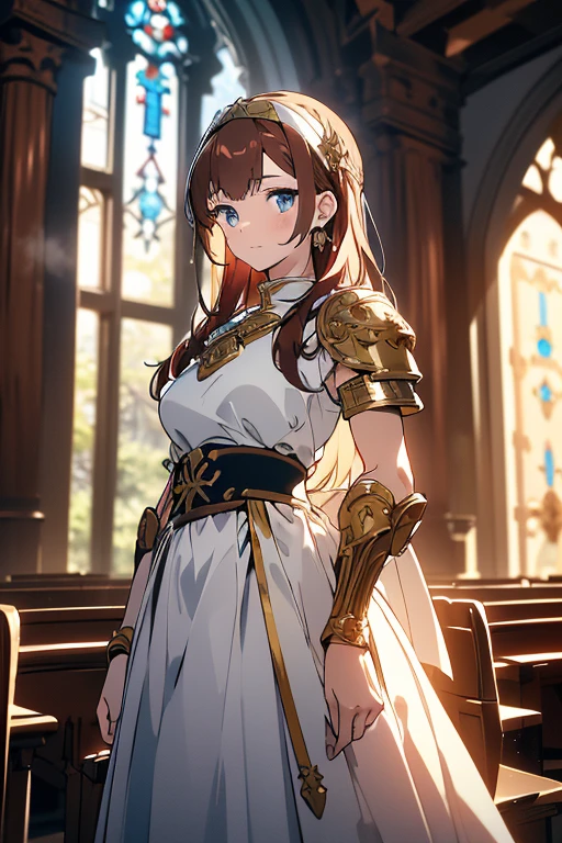 (1girl, brown red hair, long hair,blue eyes,white jewel foreheadband,soft smile,light blue jewel on forehead), (red shoulder armor,red breastplate,white long skirt), (holdng long rapier), (indoor,rural churches), ((masterpiece:1.5)), ((best quality:1.5)), (ultra-detailed:1.5), (cinematic lighting, cinematic posing), 