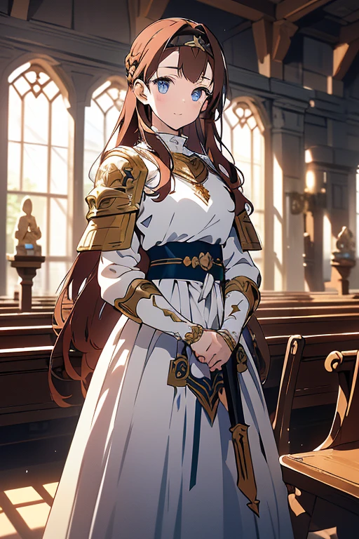 (1girl, brown red hair, long hair,blue eyes,white jewel foreheadband,soft smile,light blue jewel on forehead), (red shoulder armor,red breastplate,white long skirt), (holdng long rapier), (indoor,rural churches), ((masterpiece:1.5)), ((best quality:1.5)), (ultra-detailed:1.5), (cinematic lighting, cinematic posing), 