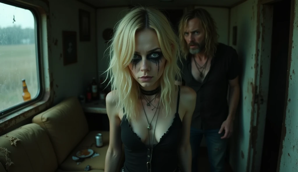 Portrait, realistic, photography of a frail, drug-addicted young blonde woman, resembling Emma Stone, with a large interpupillary distance. She has smokey eyes and wears gothic-style white trash clothing. She is inside a dimly lit, run-down white trash trailer with peeling wallpaper, a cracked window patched with duct tape, and a sagging couch with torn upholstery in the background. Empty beer cans, overflowing ashtrays, and fast food wrappers are scattered across the cluttered floor. She looks at her father, a rugged man in his 50s with unkempt hair, a weathered face, and a stained shirt, shouting at her with his hand raised aggressively as if to slap her. The oppressive atmosphere highlights the bleakness of her surroundings and the tension of the confrontation