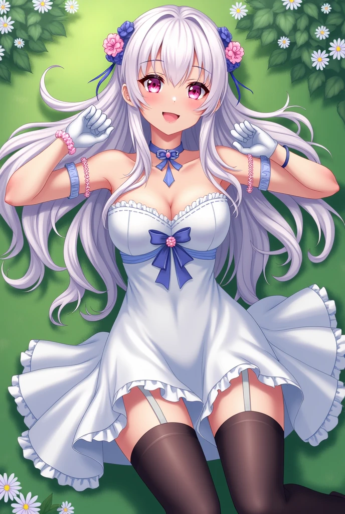 (leaning over:1.4), (masterpiece:1.2, best quality), (real picture, intricate details), 1girl, solo, absurdres, cowboy shot, standing, outdoors, :3, smile, bear girl, bear ears, ((light pink dress)), frills, very detailed dress, white thighhighs, platinum blonde hair, gray blue eyes, long hair, ((red)) strawberry choker, smile, open mouth, one fang, large breasts, cleavage, sleeveless dress, arms behind back,