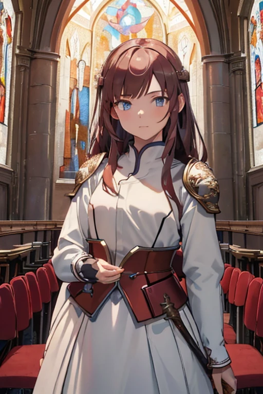 (1girl, brown red hair, long hair,blue eyes,white jewel foreheadband,soft smile,light blue jewel on forehead), (red shoulder armor,red breastplate,white long skirt), (holdng long rapier), (indoor,rural churches), ((masterpiece:1.5)), ((best quality:1.5)), (ultra-detailed:1.5), (cinematic lighting, cinematic posing), 