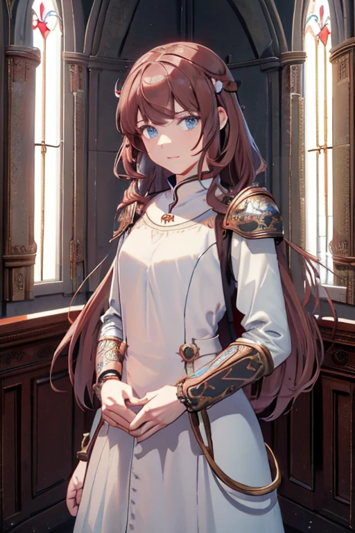 (1girl, brown red hair, long hair,blue eyes,white jewel foreheadband,soft smile,light blue jewel on forehead), (red shoulder armor,red breastplate,white long skirt), (holdng long rapier), (indoor,rural churches), ((masterpiece:1.5)), ((best quality:1.5)), (ultra-detailed:1.5), (cinematic lighting, cinematic posing), 