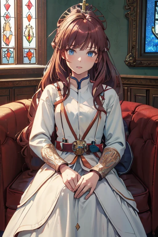 (1girl, brown red hair, long hair,blue eyes,white jewel foreheadband,soft smile,light blue jewel on forehead), (red shoulder armor,red breastplate,white long skirt), (holdng long rapier), (indoor,rural churches), ((masterpiece:1.5)), ((best quality:1.5)), (ultra-detailed:1.5), (cinematic lighting, cinematic posing), 