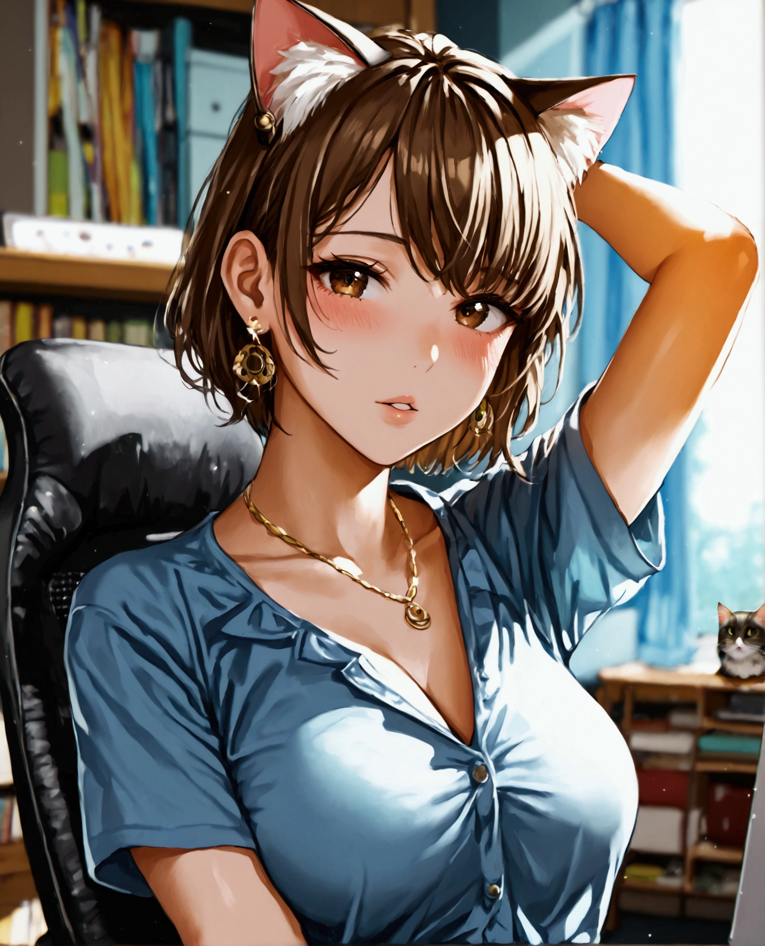 best quality, masterpiece, aosiai123, 1girl, looking at viewer, large breasts, blush, brown hair, blue shirt, brown pants, indoors, earrings, short sleeves, cat, sidelocks, sitting, jewelry, parted lips, midriff peek, computer, brown eyes, laptop, short hair, arm up, swivel chair, selfie, blurry background, t-shirt, bookshelf, grey pants