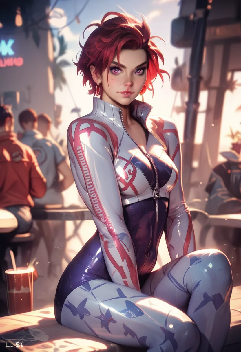 maylene, short pink hair, pink eyes, blue leotard, white pants, sweatpants, bandaid on face, blue fingerless gloves, barefoot, looking at viewer, smiling, sitting, on floor, legs crossed, inside dojo, high quality, masterpiece, <lora:maylene_outfit-06:.8>