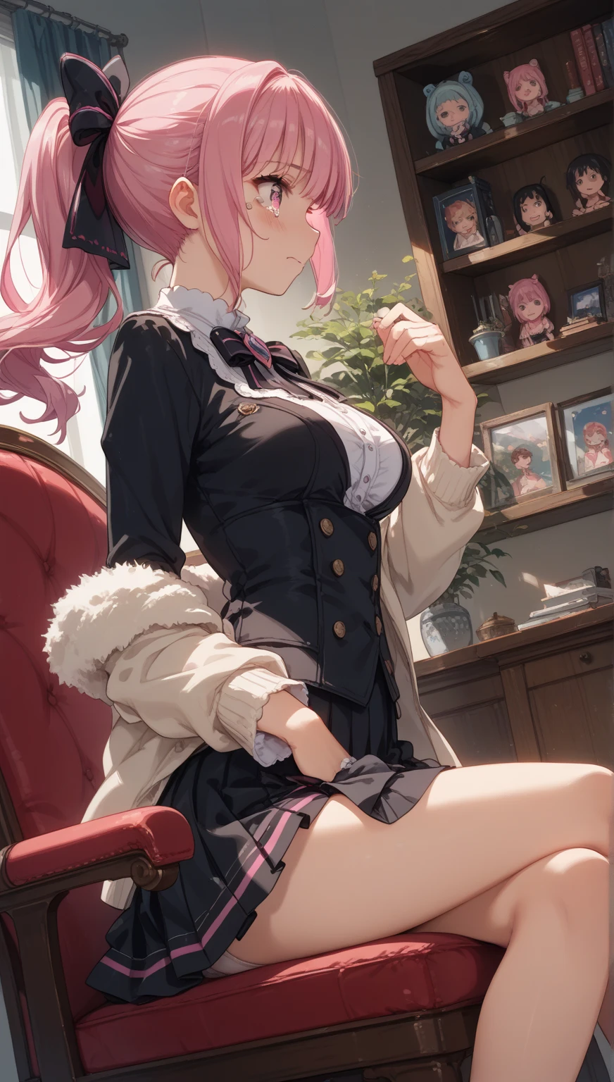 Anime woman, curvy, thick thighs, large breasts, red hooded robe, pink blouse, black boots, long black jeans, light pink hair, short hair, straight hair, black bow in hair, green colored eyes, beautiful face, soft skin, room with books.