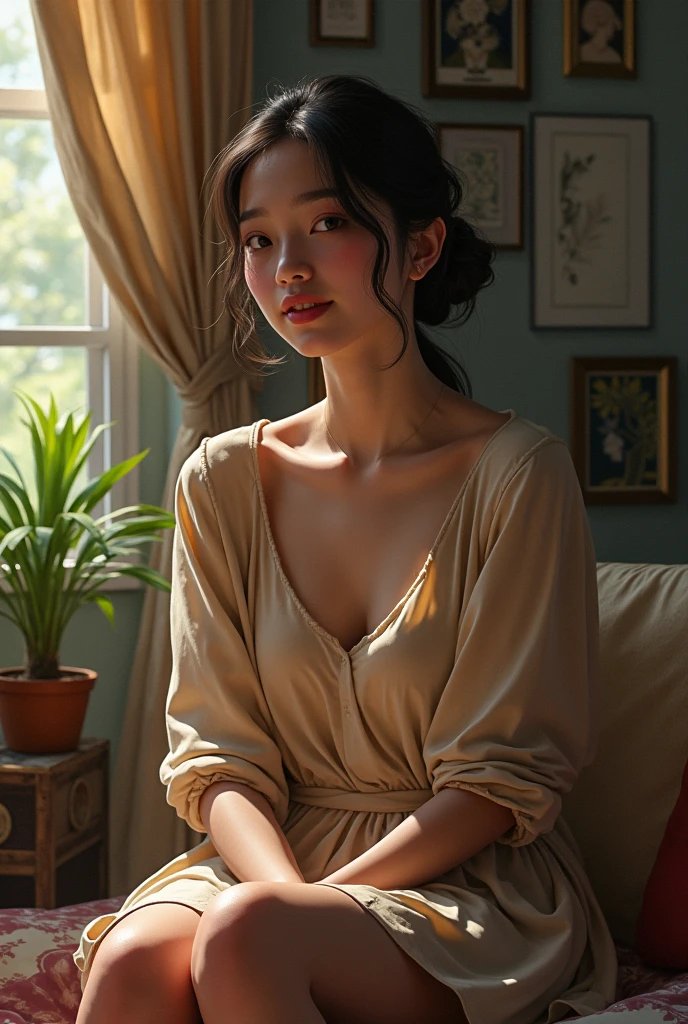 Make a young woman sitting with her legs open 