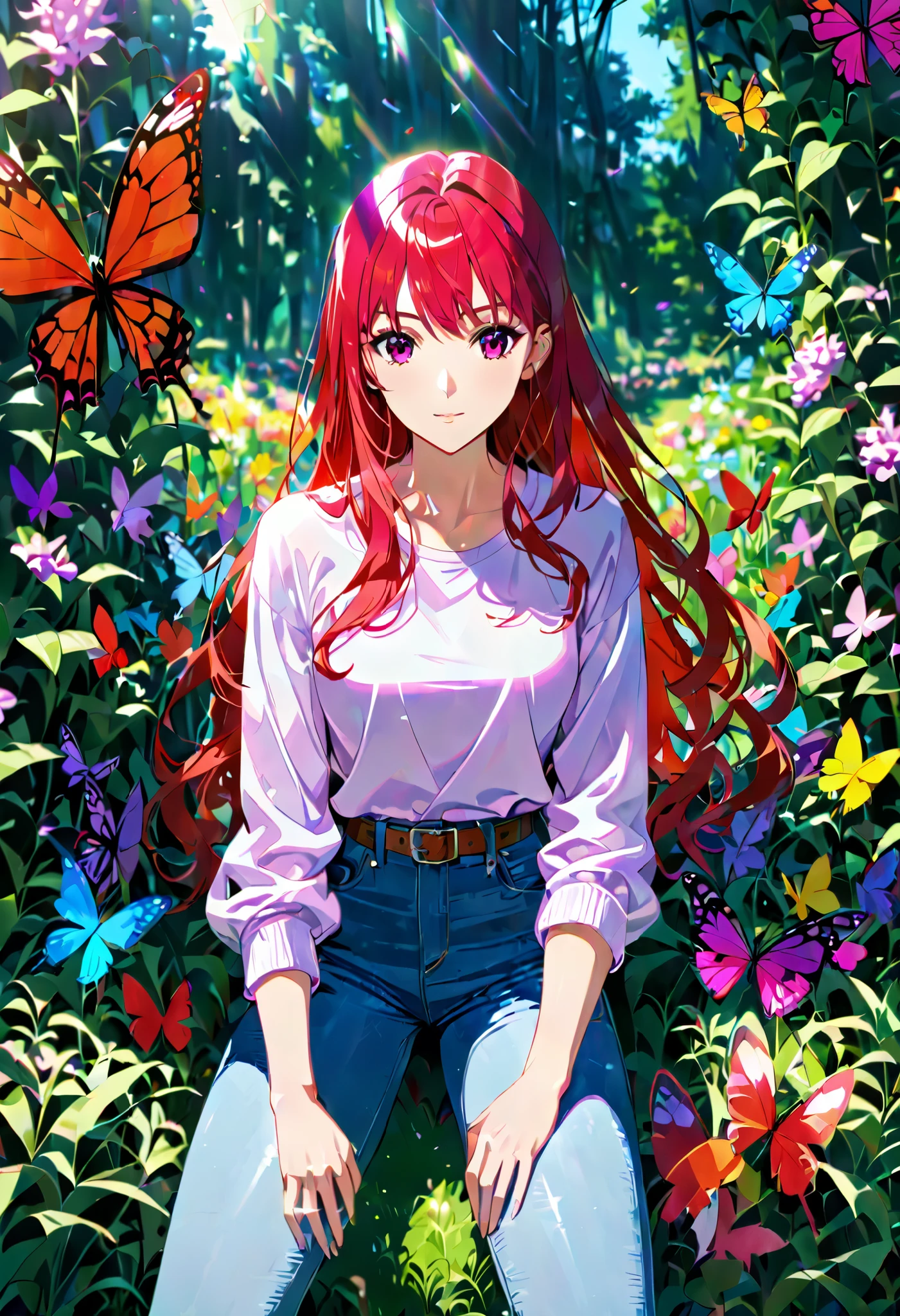 anime, girl , Beautiful facial features, cap, Long hair , mother, jeans, belt, times, Light Makeup , perfect anatomy , white socks , Sneakers, bright colors, purple-red , background Green grove , month, plants, flowers, abundance of butterflies , beautiful colors , masterpiece fails, 8 k, complicated details, bright colors, rich colors , maximum detail , better quality , dynamic shadows , Shine,