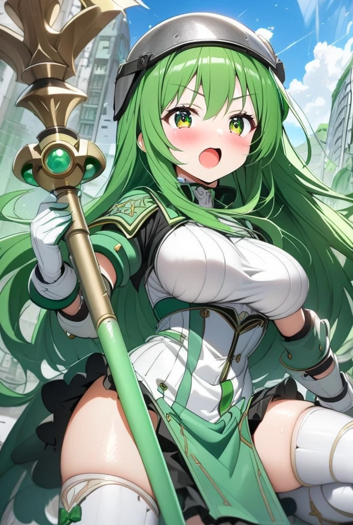 masterpiece、highest quality、Green detailed dress、black shiny knee socks、Wavy long hair、Super big 、Body-fitting clothing、Naughty smile、Pinch both ends of the skirt and lift it up、Pink panties、beautiful girl