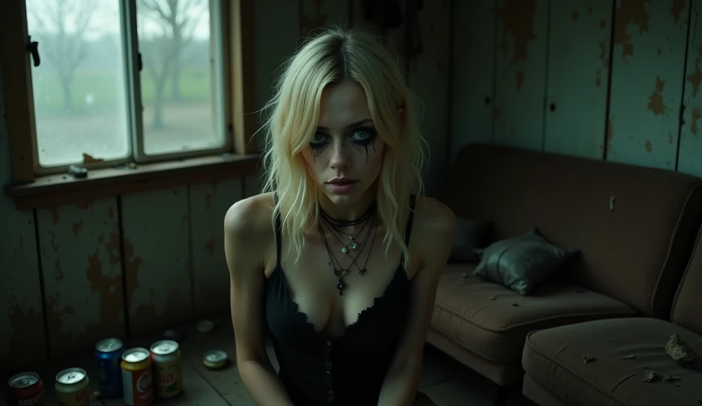 Portrait, realistic, photography of a frail, drug-addicted young blonde woman, resembling Emma Stone, with a large interpupillary distance. She has smokey eyes and wears gothic-style white trash clothing. She is inside a dimly lit, run-down white trash trailer with peeling wallpaper, a cracked window patched with duct tape, and a sagging couch with torn upholstery in the background. Empty beer cans, overflowing ashtrays, and fast food wrappers are scattered across the cluttered floor. She looks at her father, a rugged man in his 50s with unkempt hair, a weathered face, and a stained shirt, shouting at her with his hand raised aggressively as if to slap her. The oppressive atmosphere highlights the bleakness of her surroundings and the tension of the confrontation