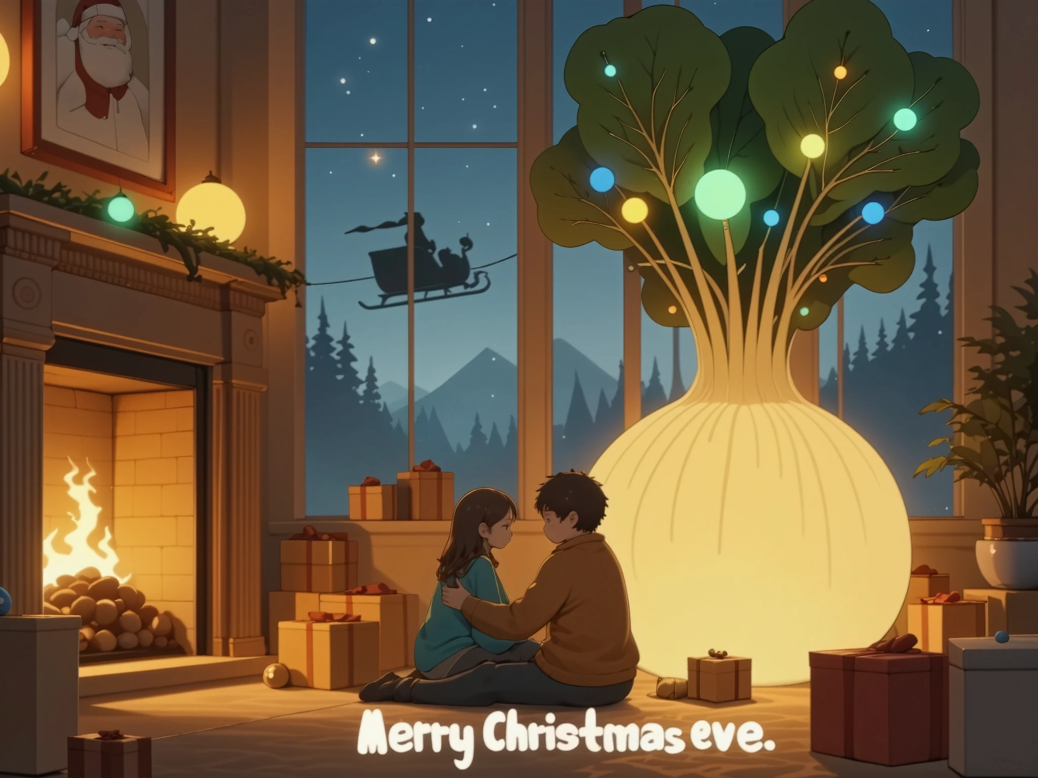 text say "MERRY CHRISTMAS". Huge daikon\(white radish\) leaves are beautifully decorated, with ornaments\(colorful light bulbs, candy canes, stars, bells, and ornament balls\).Boxes of presents are placed around them lively.A room with a warm fireplace.　Carpet.　A happy family\(a couple and their ren\) are gathered together.Beautiful Christmas Eve atmosphere.Outside the window the shadow of Santa Claus on his sleigh in the sky.