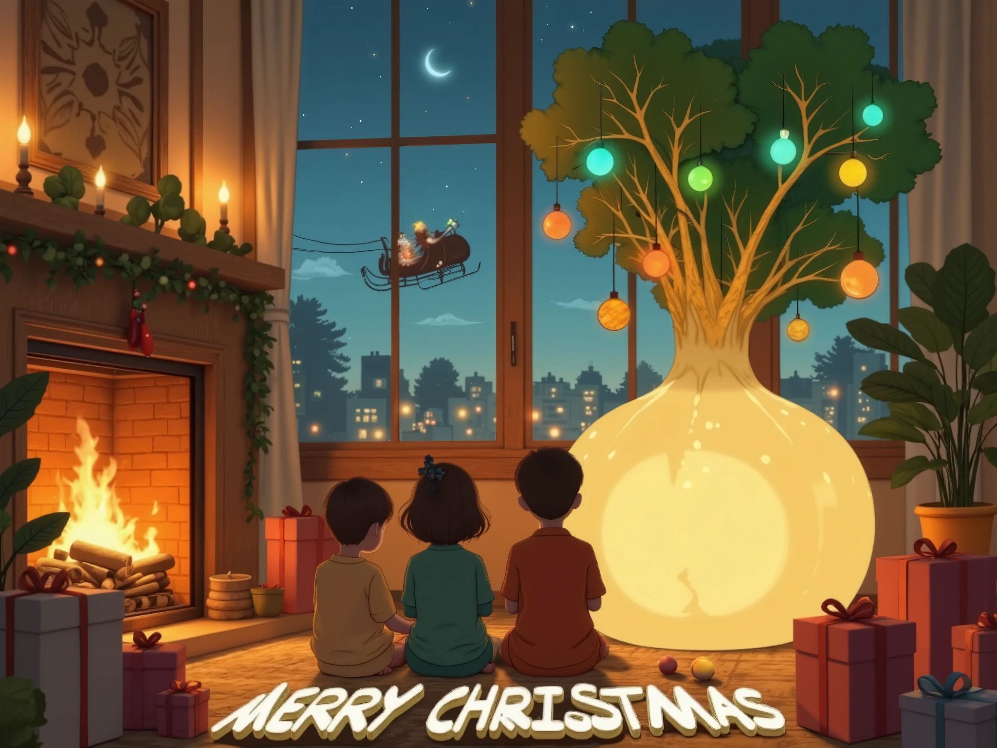 text say "Merry Christmas". huge daikon\(white radish\), leaves are beautifully decorated, with ornaments\(colorful light bulbs, candy canes, stars, bells, and ornament balls\).Boxes of presents are placed around them lively.A room with a warm fireplace.　Carpet.　A happy family\(a couple and their ren\) are gathered together.Beautiful Christmas Eve atmosphere.Outside the window the shadow of Santa Claus on his sleigh in the sky.