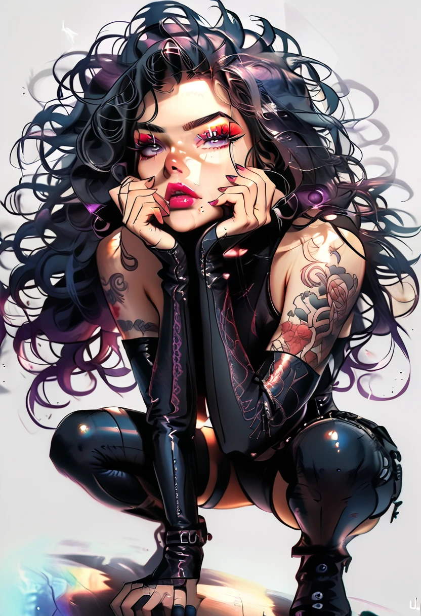 1girl, ubel, sousou no frieren,, floating hair,, beautiful face, squatting, spread legs, knees up, large breasts, long legs,arm between legs, hand under chin,leaning forward,black leather bodysuit, , belts, sleeves, bare shoulders, tattoos,
shiny reflection on body, purple eyes, eyeshadow ,lipstick,iridescent eyes, dutch angle , from below, 
detailed, intricate, simple background, white background,