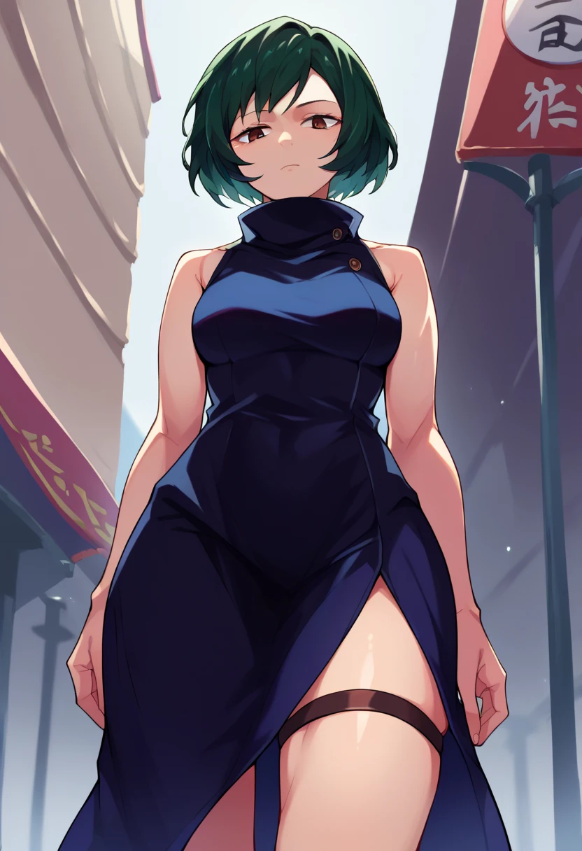 score_9,score_8_up,score_7_up BREAK MaiZeninSDXL,1girl,solo,short hair,green hair,brown eyes,black hair,dress,thighs strap,bare shoulders,sleeveless,high collar,sleeveless dress,cowboy shot,street background,from below,