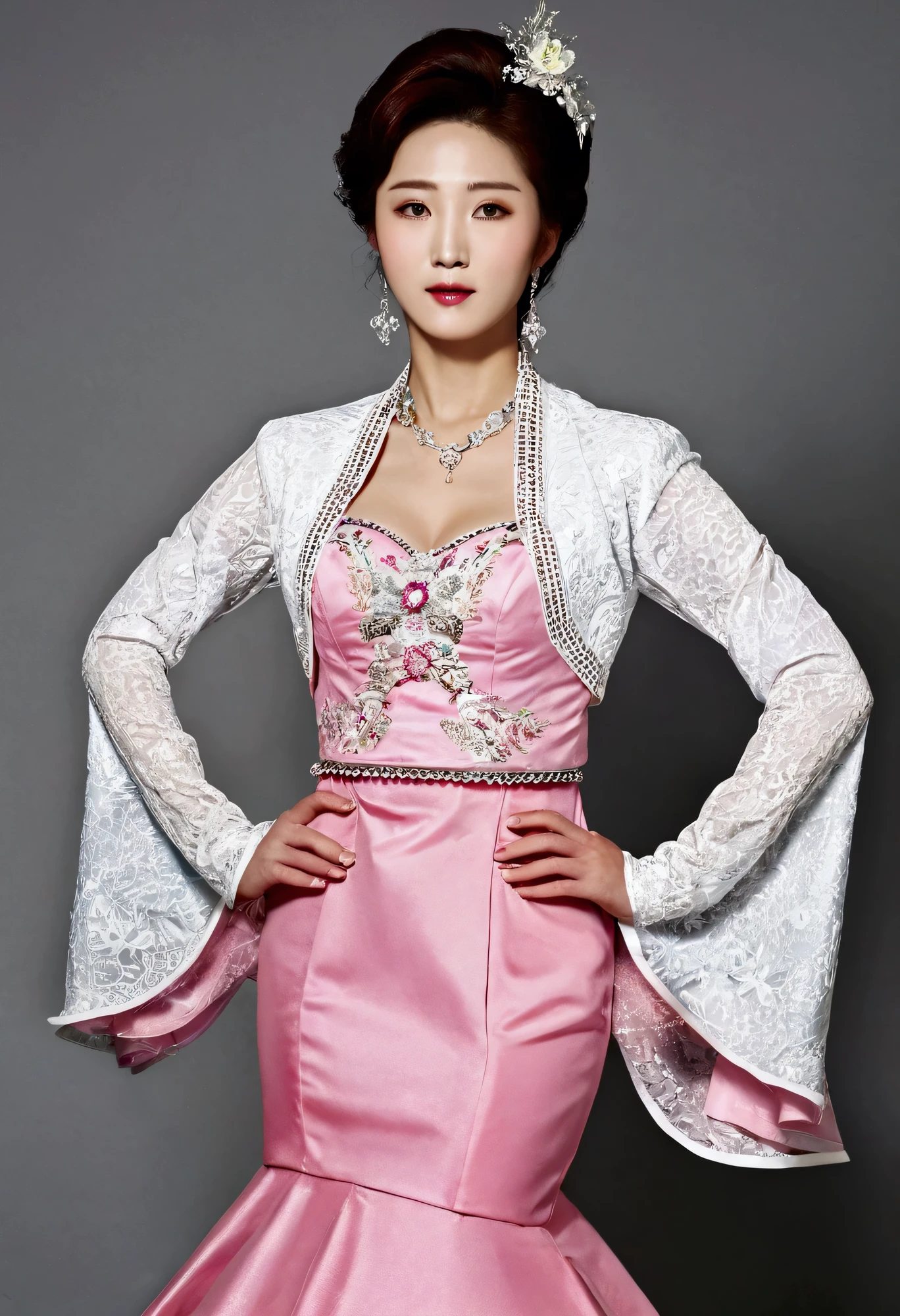 A Korean man had surgery to change his body from male to female, his body is completely female, he has big breasts like a woman, but his face is not changed and still looks like a man, His hair is still manly and short, This Korean man is wearing a mother's fancy dress costume, Mother of the Bride Dress Outfit, long sleeve bolero and dress set, bolero and dress coordination, vintage dress set, white and pink, tweed, mermaid skirt