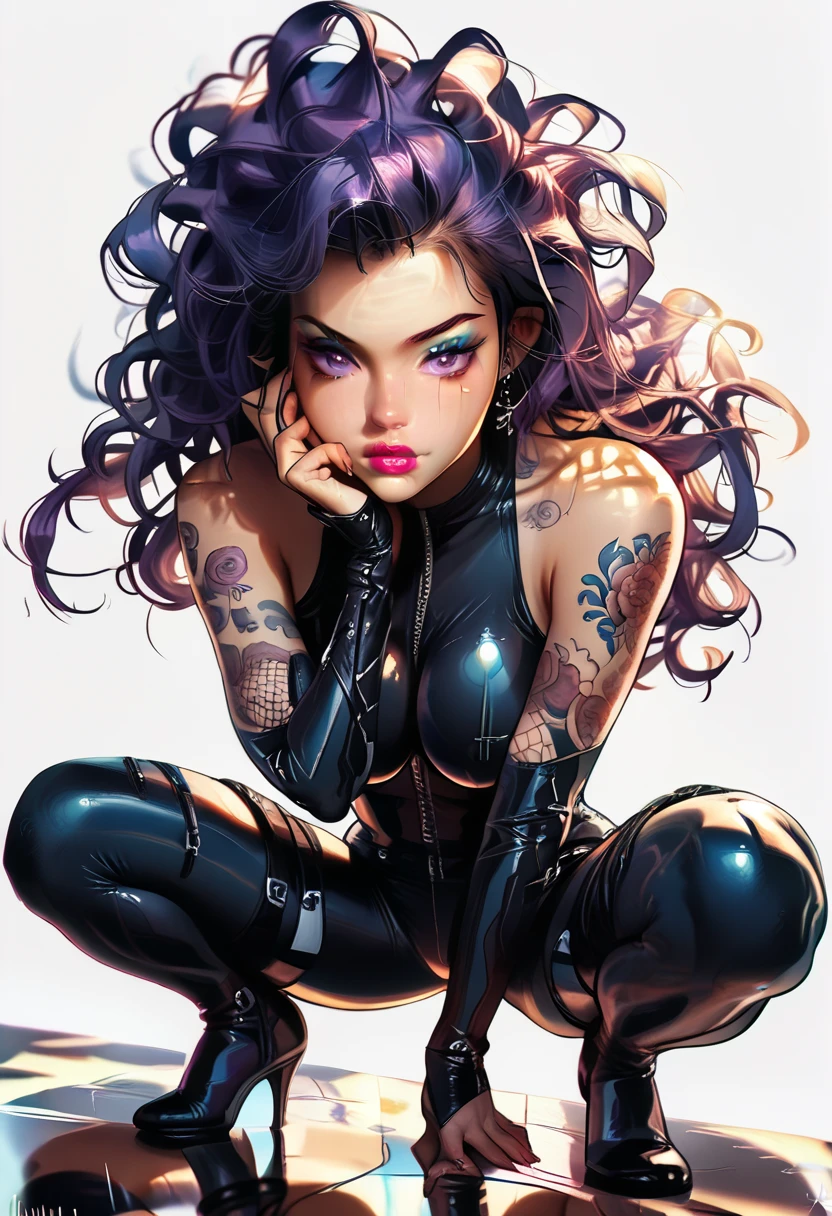 1girl, ubel, sousou no frieren,, floating hair,, beautiful face, squatting, spread legs, knees up, large breasts, long legs,arm between legs, hand under chin,leaning forward,black leather bodysuit, , belts, sleeves, bare shoulders, tattoos,
shiny reflection on body, purple eyes, eyeshadow ,lipstick,iridescent eyes, dutch angle , from below, 
detailed, intricate, simple background, white background,