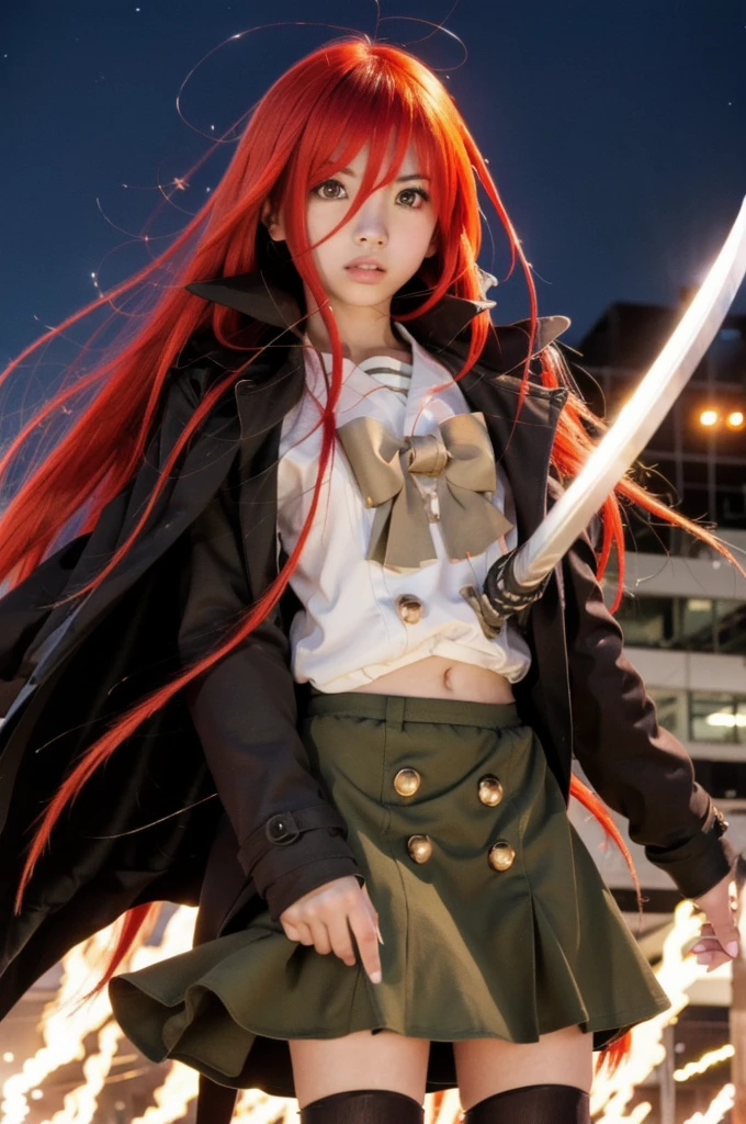 1 girl, rubble ruins, anger, (battle preparation:1.2), (night:1.2),shana, red eyes, redhead, very long hair, (Ahoge:1.1),abandoned building,rubble serafuku, white shirt, short sleeve, green skirt, Thighhighs, Black Rider Suit,In his left hand he holds a Japanese sword ,highest quality, masterpiece, High resolution, black long coat,whole body,((フォトリアリスティック, movie lgihgting))