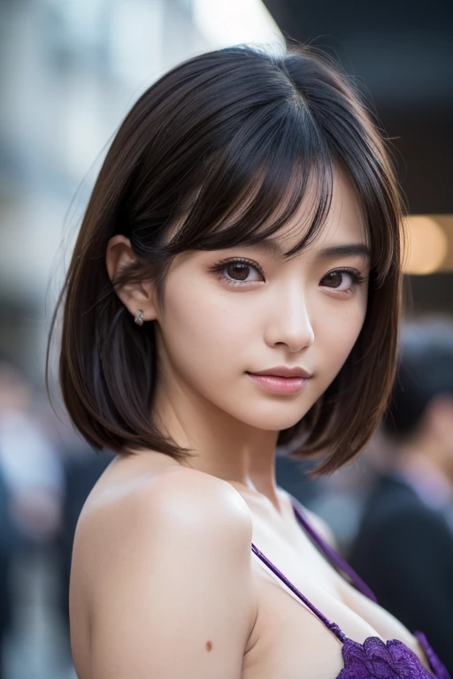 (8k, RAW Photos,highest quality,masterpiece:1.3),(Realistic,photo-Realistic:1.4),(Highly detailed 8kwallpape)18age,Japanese,brown hair,ponytail,Great style,Background Bokashi,Enchanted face,Cheeks are slightly red,Her lips are slightly open, Ecstatic, unfocused expression,Hollow Eyes,sexy face,naked,front,whole body,naked,short hair