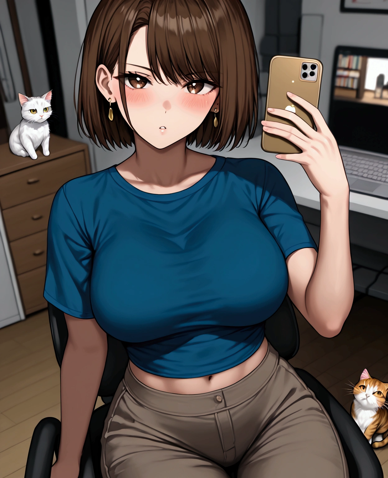 best quality, masterpiece, aosiai123, 1girl, looking at viewer, large breasts, blush, brown hair, blue shirt, brown pants, indoors, earrings, short sleeves, cat, sidelocks, sitting, jewelry, parted lips, midriff peek, computer, brown eyes, laptop, short hair, arm up, swivel chair, selfie, blurry background, t-shirt, bookshelf, grey pants