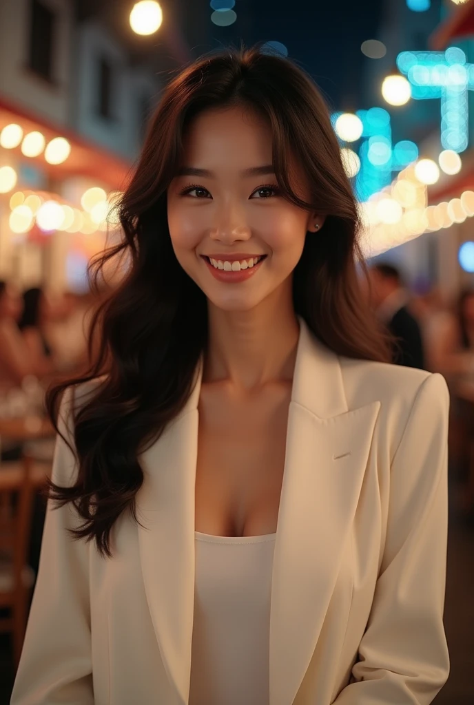 8k, (Raw photo:1.2), (Photorealsitic), Beautiful detailed, Famous popular actresses、 (Real: 1.4), extremely detailed eye and face, beatiful detailed eyes, ((Dazzling night illumination plaza:1.2)), ((Women's Suits:1.3, Ultra-realistic pantyhose:1.2))、selfee、Instagram、harsh trial, Please look at the camera and raise your hand、huge filesize, hight resolution, ighly detailed, top-quality, [​masterpiece:1.6], illustratio, ighly detailed, nsfw, finely detail, top-quality, 8k wallpaper, Cinematographic lighting, 1 milf, 19 year old, perfect body type, Beautiful big drooping eyes、Pieckfinger, ((masutepiece)), Best Quality, eye shadow,  high-heels、Portrait、(Very affectionate smile:1.2)、realistic skin textures、shinny skin、Exposed thighs, low angle photo, inverted nipples,