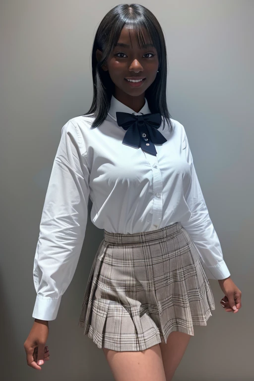 ((high quality:1.2)), work of art, (8k), extremely detailed, ((High detail:1.2)), ((best resolution:1.4)), Solo, 1girl, 24 years old African female, ((school uniform)), (round breasts),
