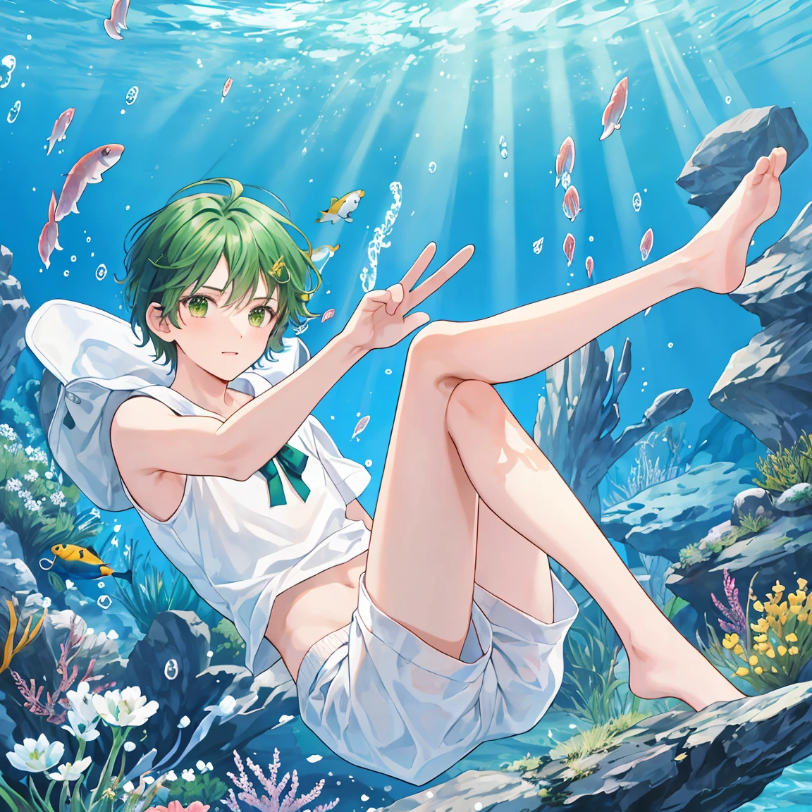 green-haired male student(Short Hair)Is wearing white boxer shorts and swimming underwater