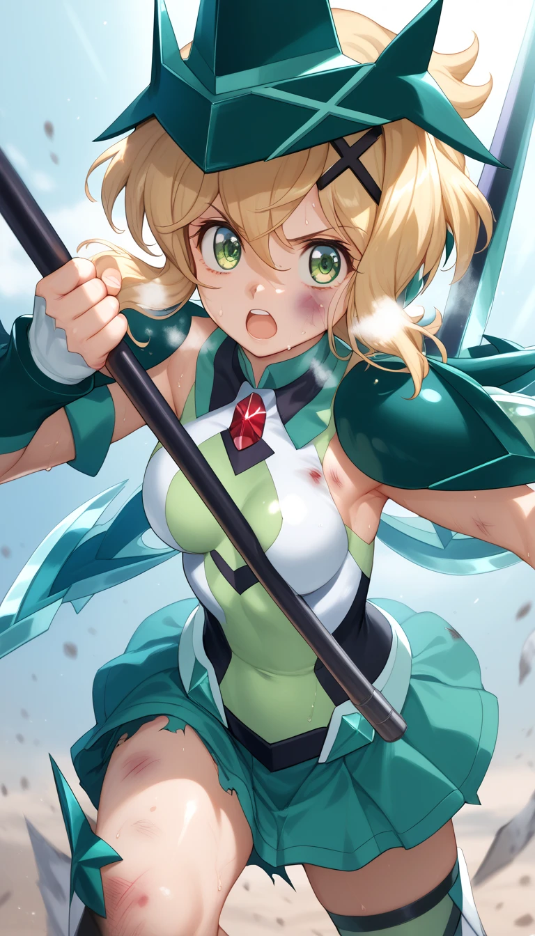  top quality ,  soft light during the cruise,  super high res,  cute, Beautiful face in every detail , high resolution details of human skin texture, shiny skin,sweat,Heat, white breath ,Take a deep breath,Akatsuki Song,Blonde,Short Hair, battle costume,Outdoor Arena,sunlight, serious eyes,Ready,Big eyes, Symphogear ,armed gear , open mouth ,Fighting pose,bruised body, has a scythe, wearing a hat, hair ornament, torn clothes 