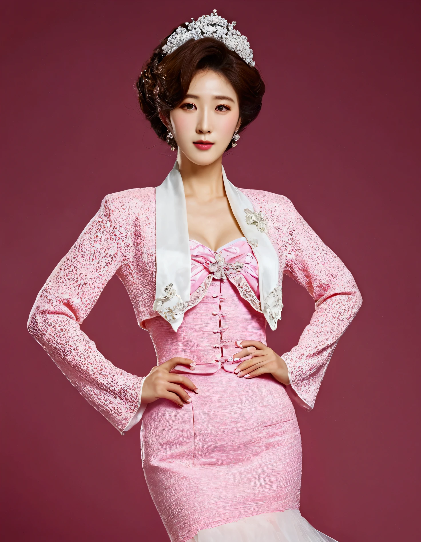 A Korean man had surgery to change his body from male to female, his body is completely female, he has big breasts like a woman, but his face is not changed and still looks like a man, His hair is still manly and short, This Korean man is wearing a mother's fancy dress costume, Mother of the Bride Dress Outfit, long sleeve bolero and dress set, bolero and dress coordination, vintage dress set, white and pink, tweed, mermaid skirt