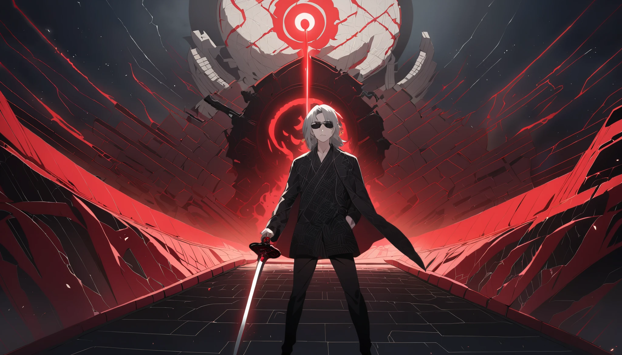 A massive Sharingan in the sky, replacing the blood-red circular moon, glowing with a blood-red aura, intricate black tomoe patterns and Mangekyou Sharingan design, highly detailed and sharp, illuminating the entire scene with mysterious red light. Japanese-style classical architecture glowing in red, a road leading to an iron throne at the end. A silver-haired handsome young man standing in the middle of the road, wearing black sunglasses resting on the bridge of his nose, revealing blood-red glowing eyes staring directly into the camera, holding a legendary Kusanagi sword, the sword faintly glowing with a mystical light. Cinematic lighting, anime style, highly detailed, vibrant colors, mysterious and powerful atmosphere.