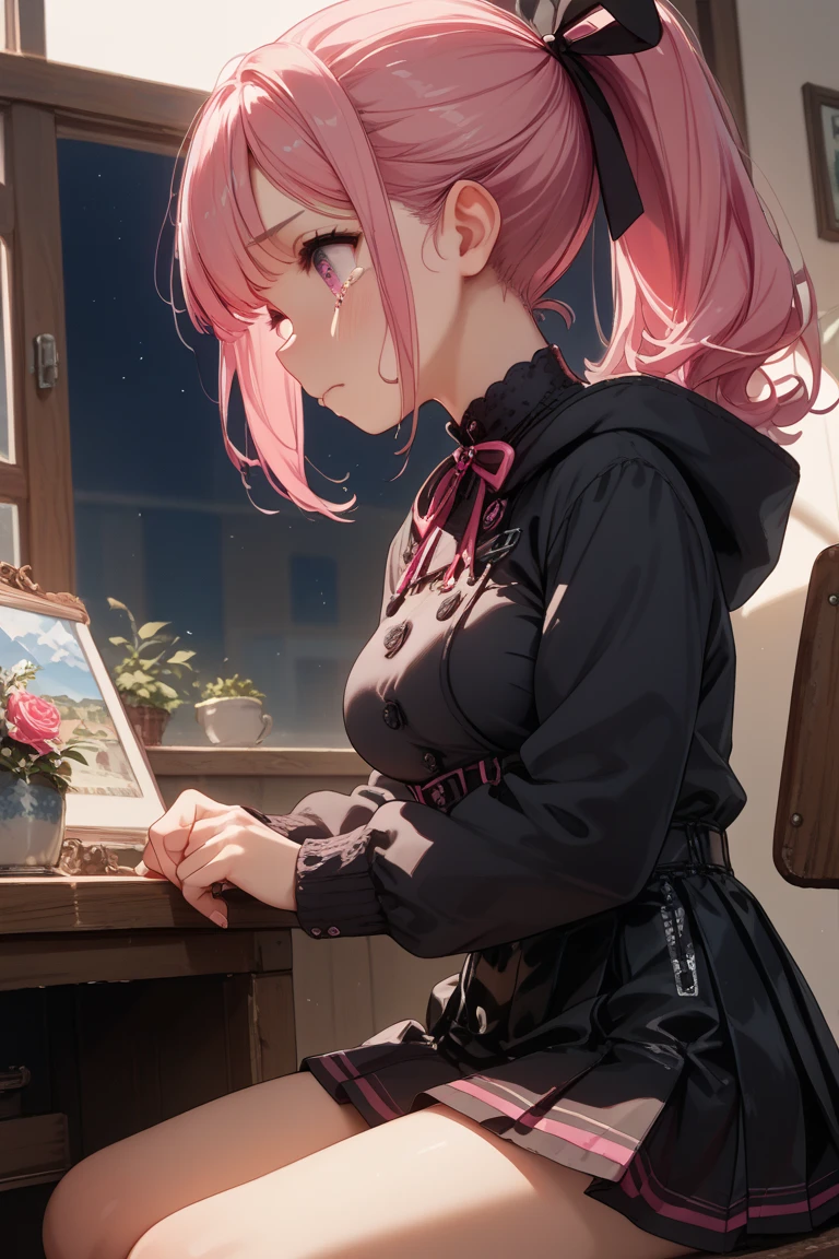 score_9, score_8_up, score_7_up,source_anime,anatomically correct, 1 cute girl, pink hair, ponytail, black ribbon, medium breasts, black onepiece,mini skirt, pink eyes、Teary-eyed、Winter riverbed、Sit in a chair、Sideways angle.profile.shed tears