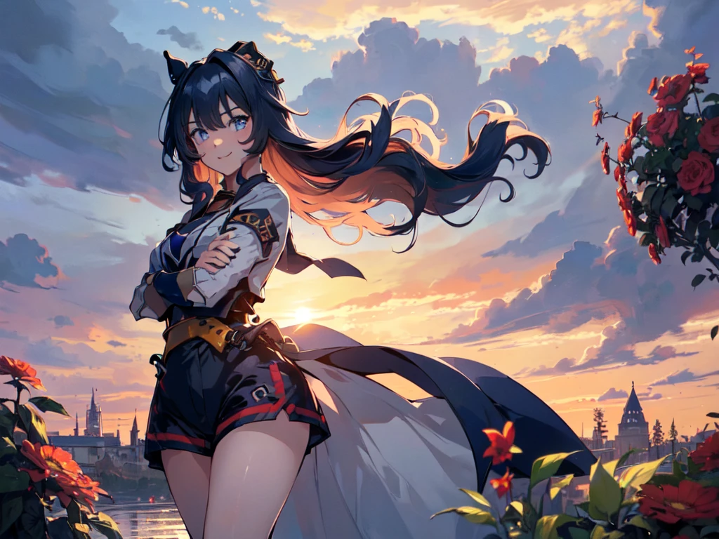 (Solo:2), (1 female:2), (Short fingers, short arms, short legs), (Horse ears), (), (White chest bag and overall blue outfit), (Emphasis on chest), (Arms crossed), (Smiling, looking at camera), (Castle), (Red flower garden), (Sunset), (Focus on chest), (Carefully drawn, amazing artwork, best quality, high resolution, 8k, detailed, delicate),